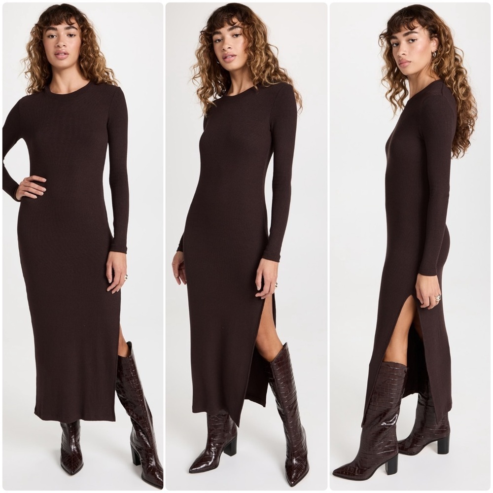 New! Enza Costa Knit Crewneck Sweater Dress Long Sleeve Rib Knit Brown Maxi 🤎 M